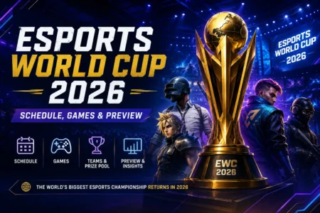 Professional esports players competing at the Esports World Cup 2026 on a large tournament stage