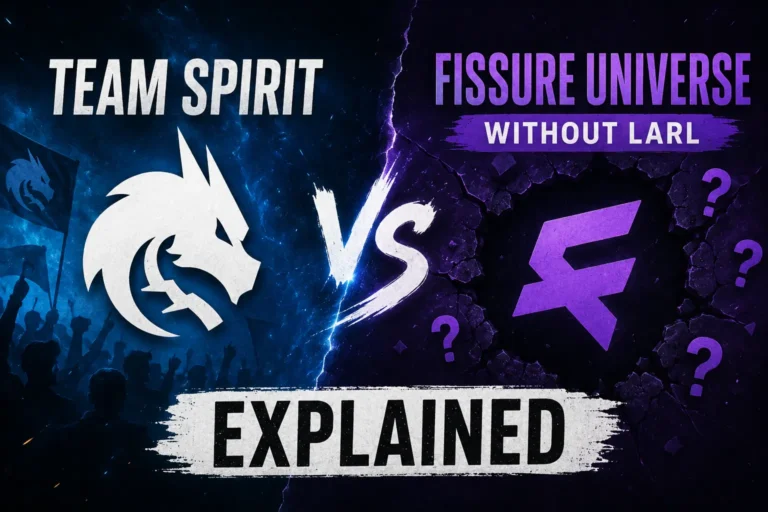 Team Spirit Dota 2 players competing during FISSURE Universe with stand-in midlaner Mirele.