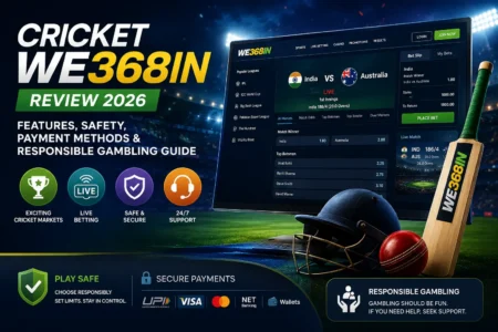 Cricket www we368india.com Review 2026 dashboard illustration with responsible gambling concept