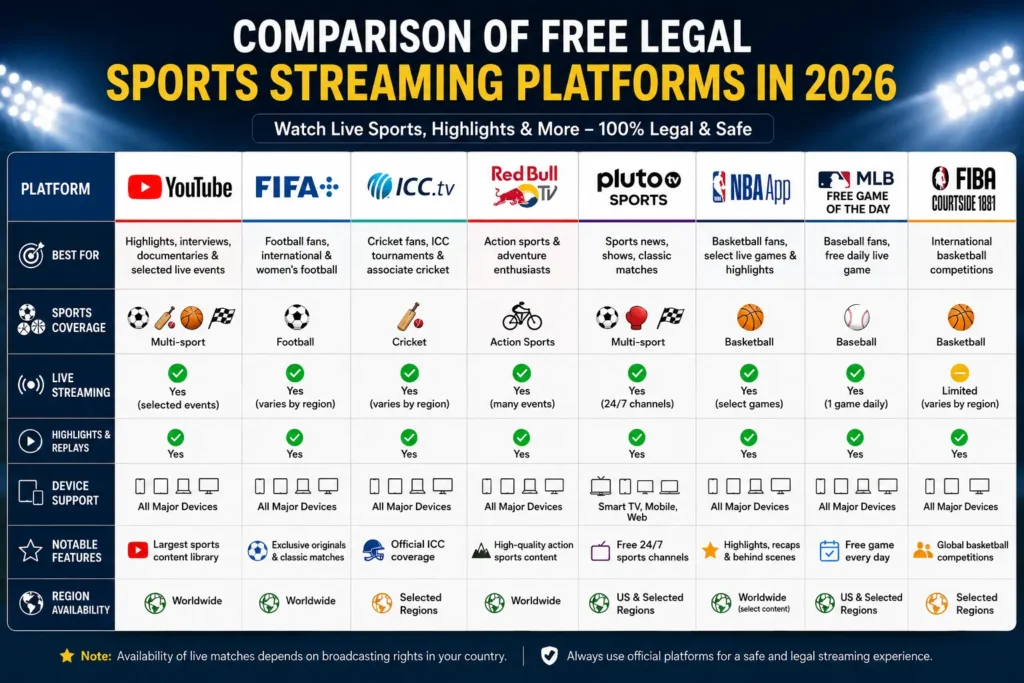 Best free legal sports streaming sites: Comparison of free legal sports streaming platforms in 2026