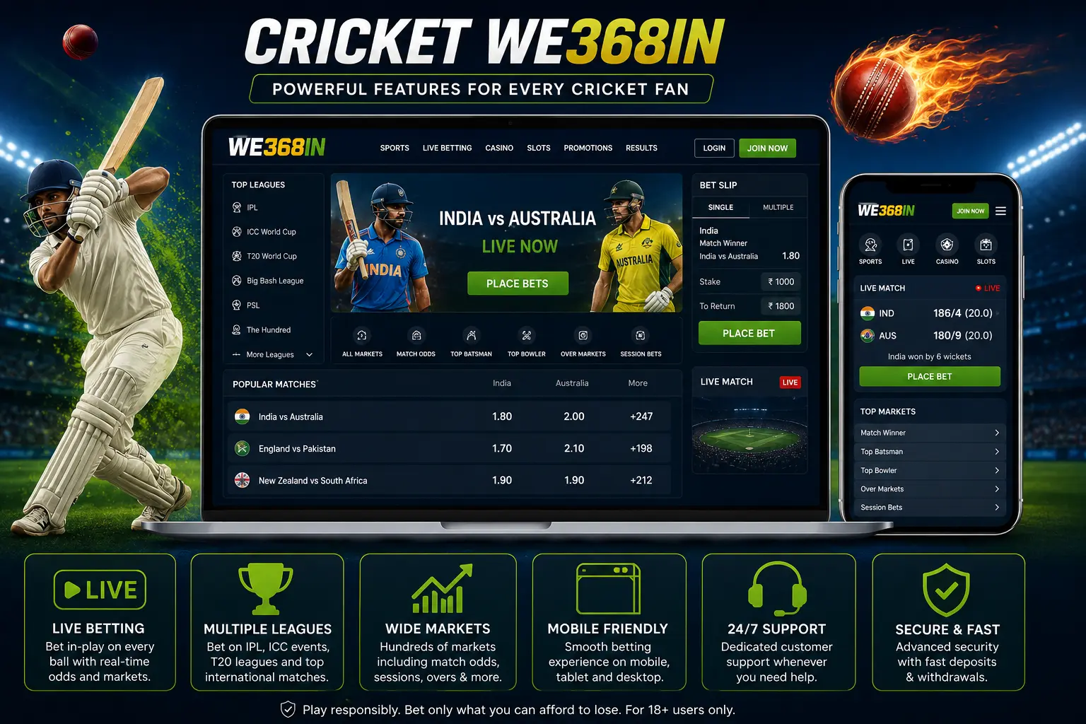 Cricket We368in Platform Features : Illustration of common online cricket betting platform features