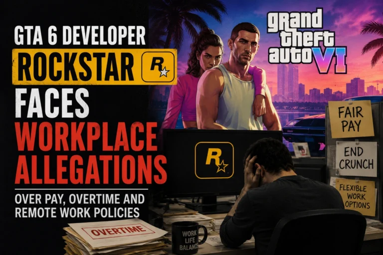GTA 6 Developer Rockstar Faces Workplace Allegations Over Pay, Overtime and Remote Work Policies Rockstar Games logo displayed alongside GTA 6 promotional artwork