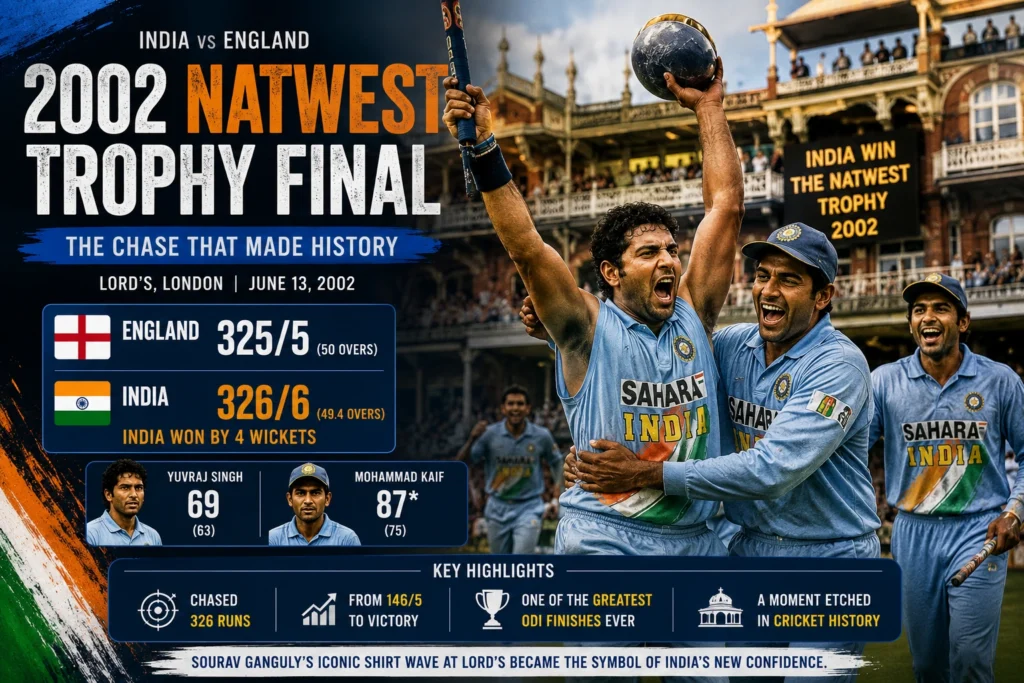 India celebrating the 2002 NatWest Trophy Final victory at Lord's
