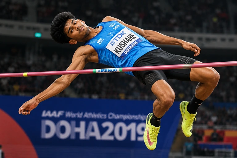Indian high jumper Sarvesh Kushare competing in an international athletics event