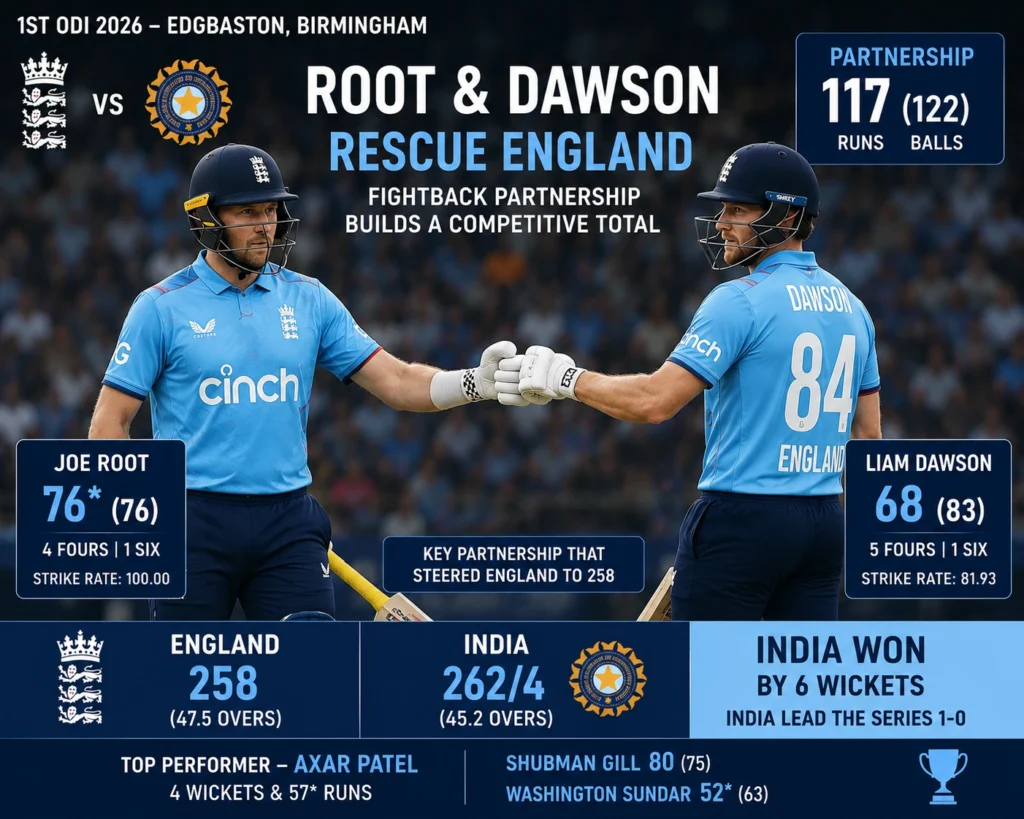 Joe Root and Liam Dawson rebuilding England innings in india national cricket team vs england cricket team match 1st ODI 2026