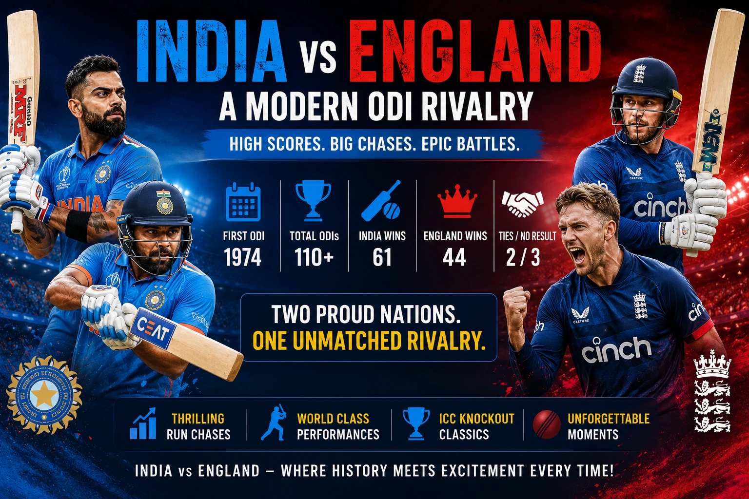 Rohit Sharma and England players during a modern ODI match