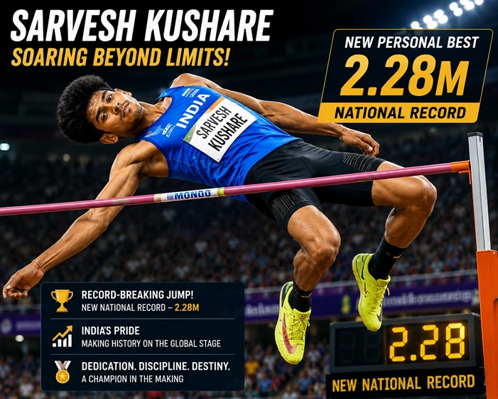 Sarvesh Kushare clearing the bar during a record-breaking high jump