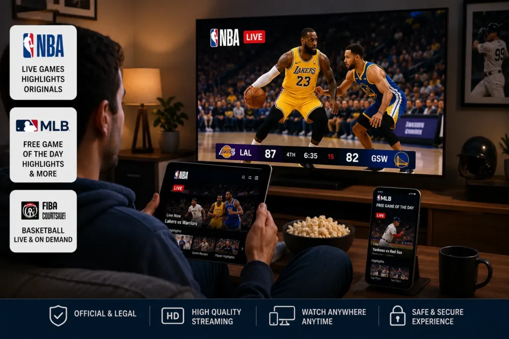 Best free legal sports streaming sites: Sports fan watching live basketball and baseball using official streaming apps
