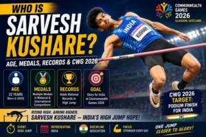 Sarvesh Kushare celebrating after winning Commonwealth Games 2026 silver medal in men's high jump