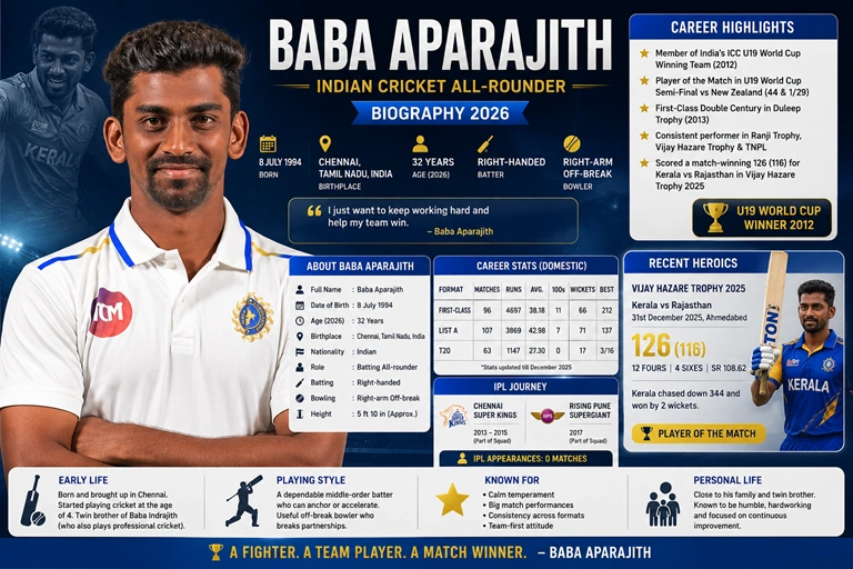 Baba Aparajith Biography 2026: Age, Career, Stats, Family, IPL Journey & Records Baba Aparajith Cricket All-Rounder Profile