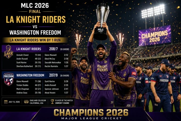 MLC 2026 LA Knight Riders vs Washington Freedom match scorecard after championship final
