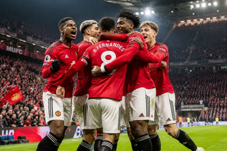 anchester United Football Club players celebrating before a Premier League match