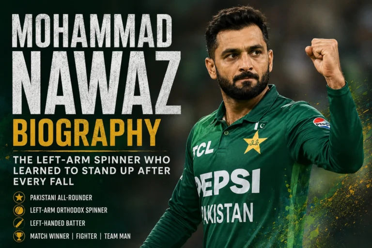 Mohammad Nawaz celebrating after taking a wicket for Pakistan in an international cricket match