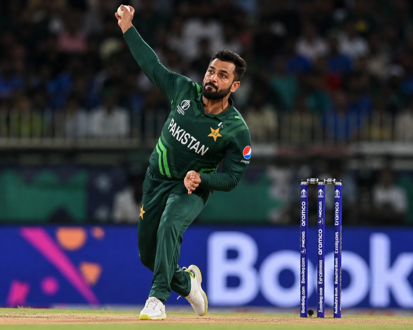 Mohammad Nawaz bowling left-arm orthodox spin for Pakistan